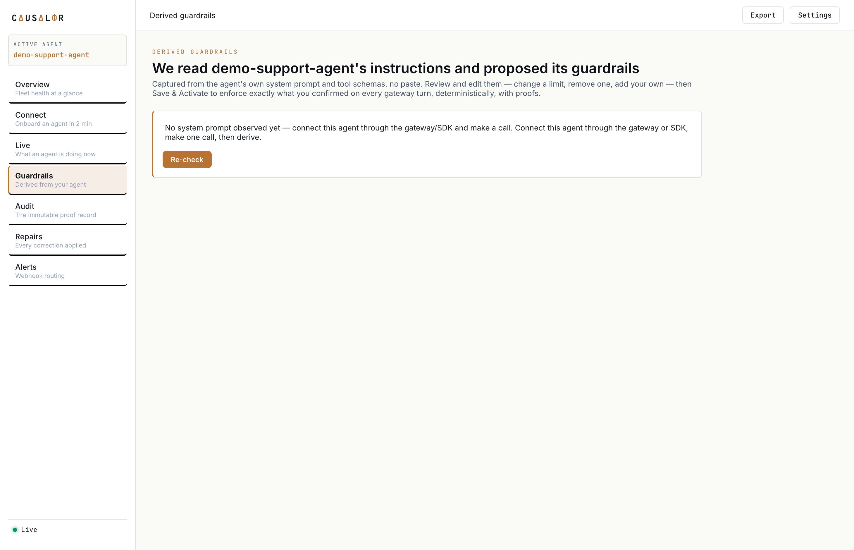 The guardrails editor: two rules derived from a refund agent's prompt (amount at most 500, currency USD), editable, with Save and Activate